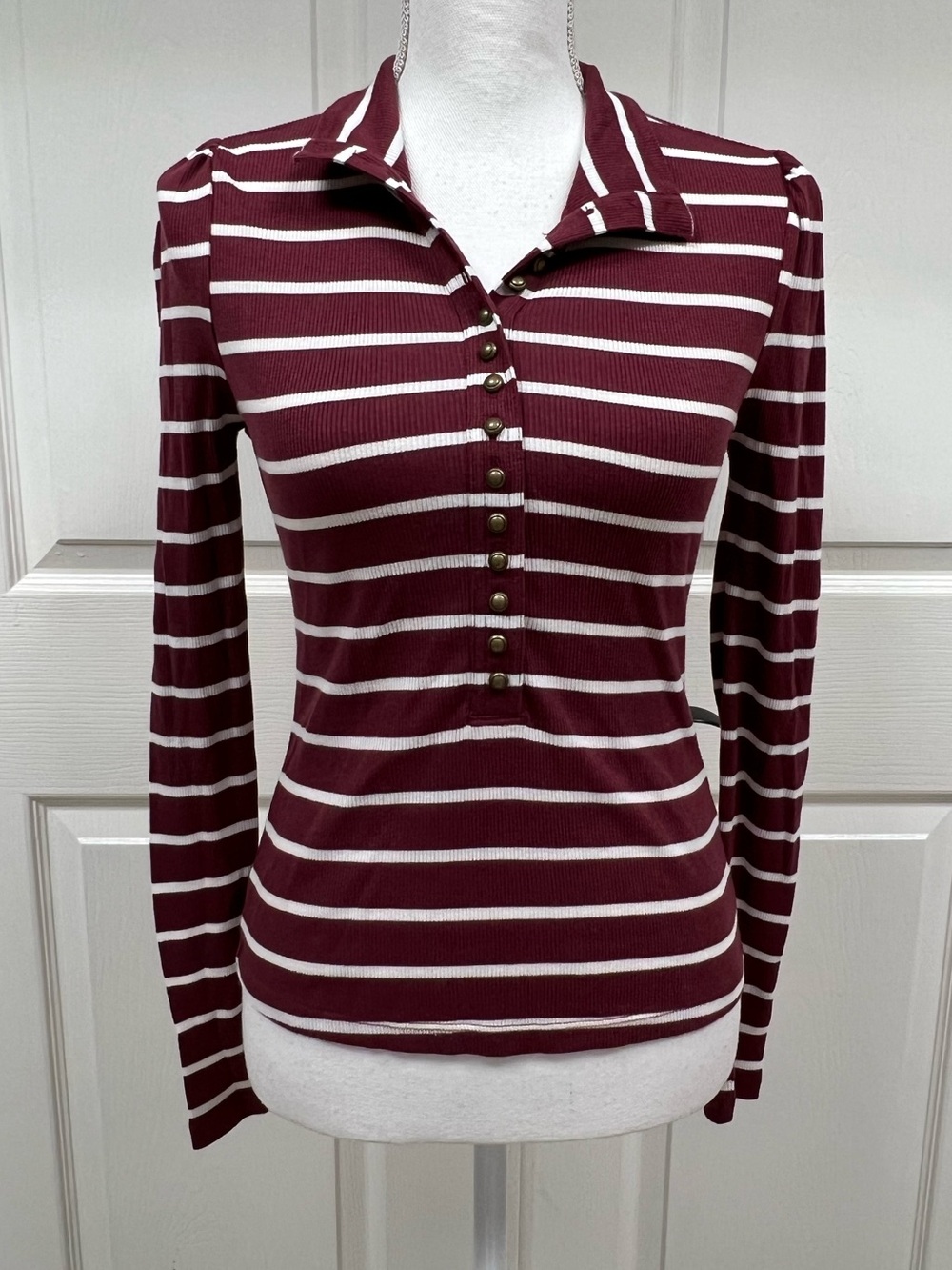 Anthropologie Pilcro Slim Buttondown Long-Sleeve Top Red Striped Size XS NWT